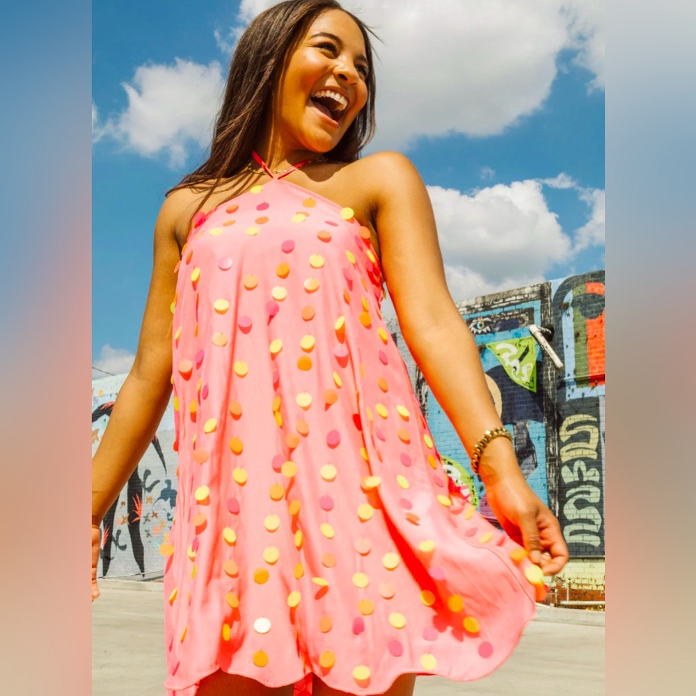 Queen of Sparkles Neon Pailette Sequin Halter Dress💖Size Large